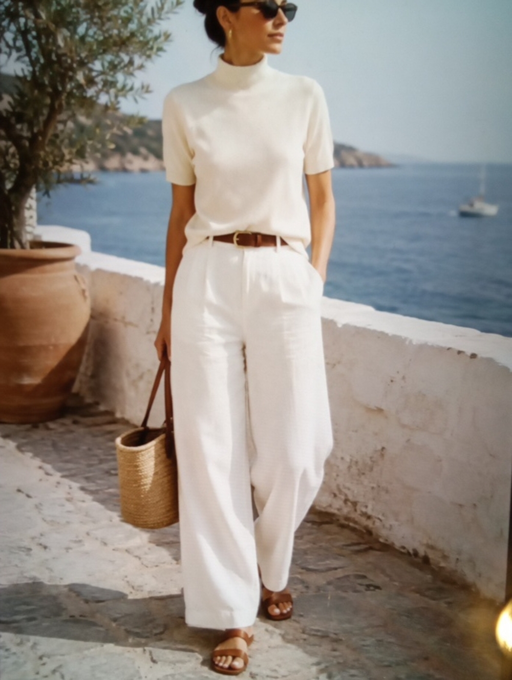 Eileen Fisher Womens Ivory Merino Wool Short Sleeve Turtleneck Sweater Sz Large